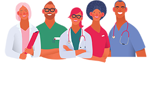 Graphic illustration of several nurses smiling.