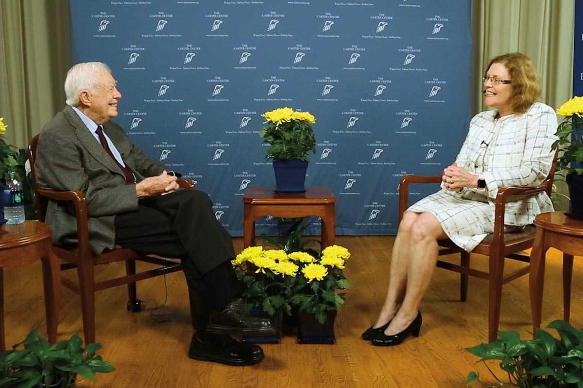 Emory President Claire E. Sterk interviews U.S. President Jimmy Carter on stage