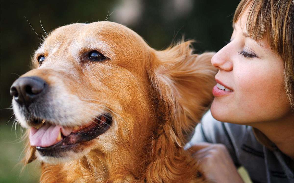 Closeup of a woman nuzzling a golden retriever dog.