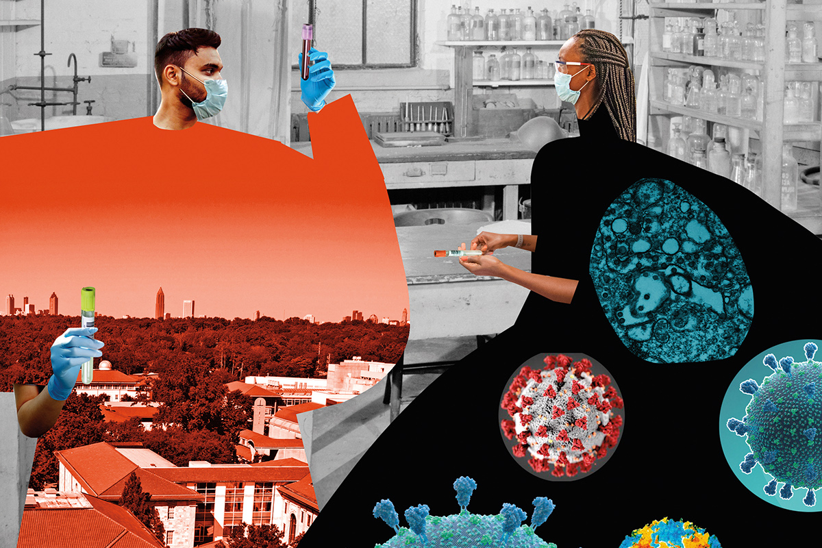 Collage illustration of lab workers and viruses
