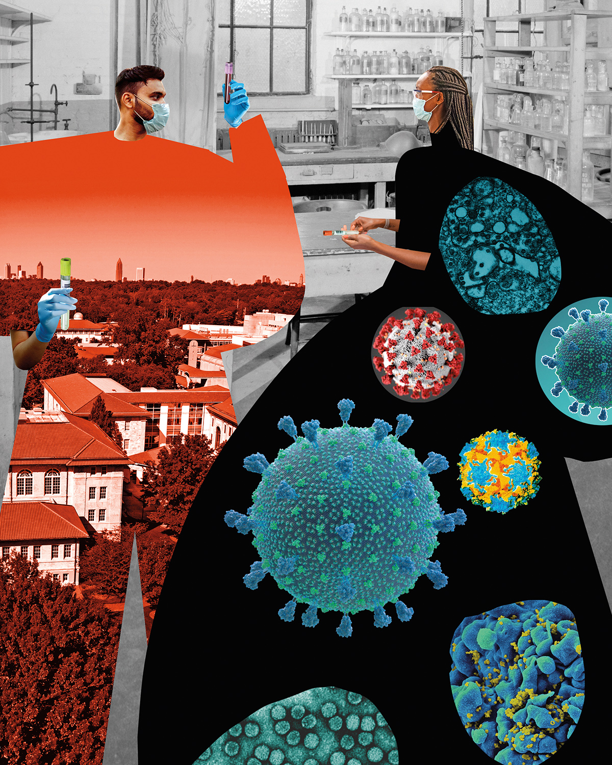 A photo collage featuring masked man and woman in a lab setting. The man's body has been replaced by an orange image of the Emory campus that is vignetted to look like a stylized human body. The woman's body has similarly been replaced with images of the COVID 19 virus.