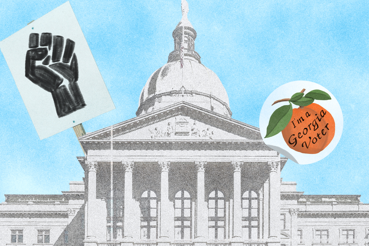Illustration of the Georgia Capitol building flanked by a black-power fist and an I am a Georgia Voter sticker.