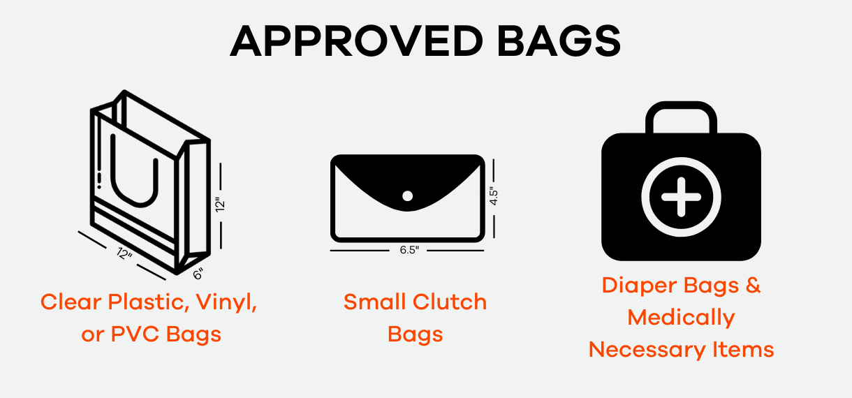 approved bag descriptions as noted above, clear or small if not medically necessitated/diaper bags.